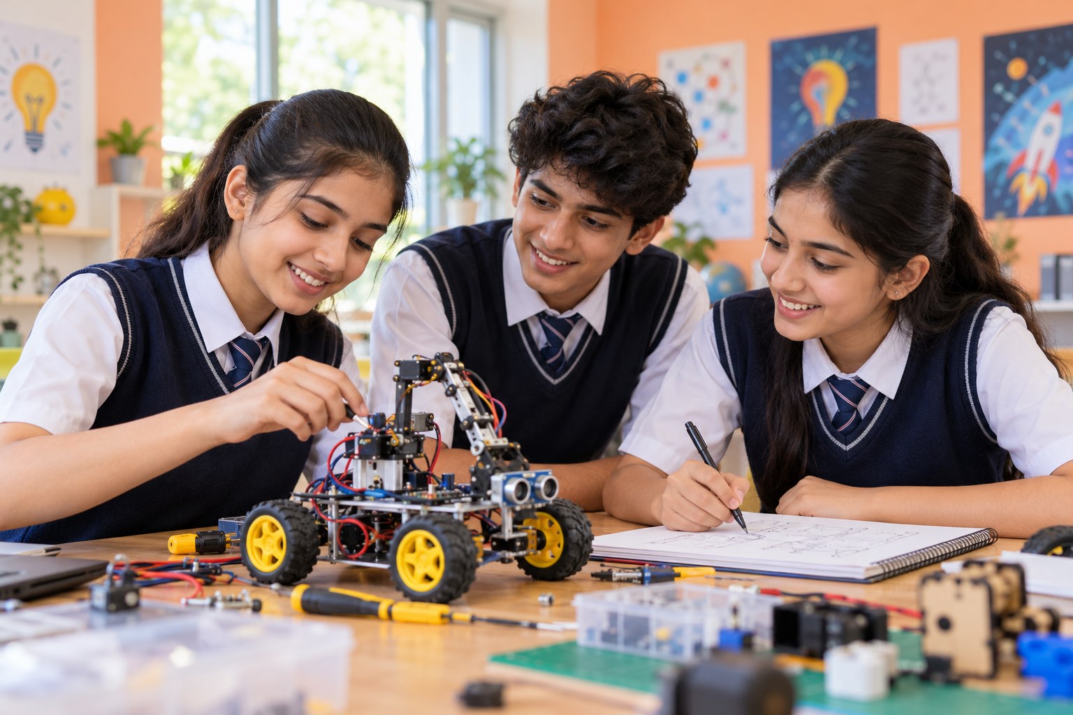 Illustrative students collaborating on a robotics project