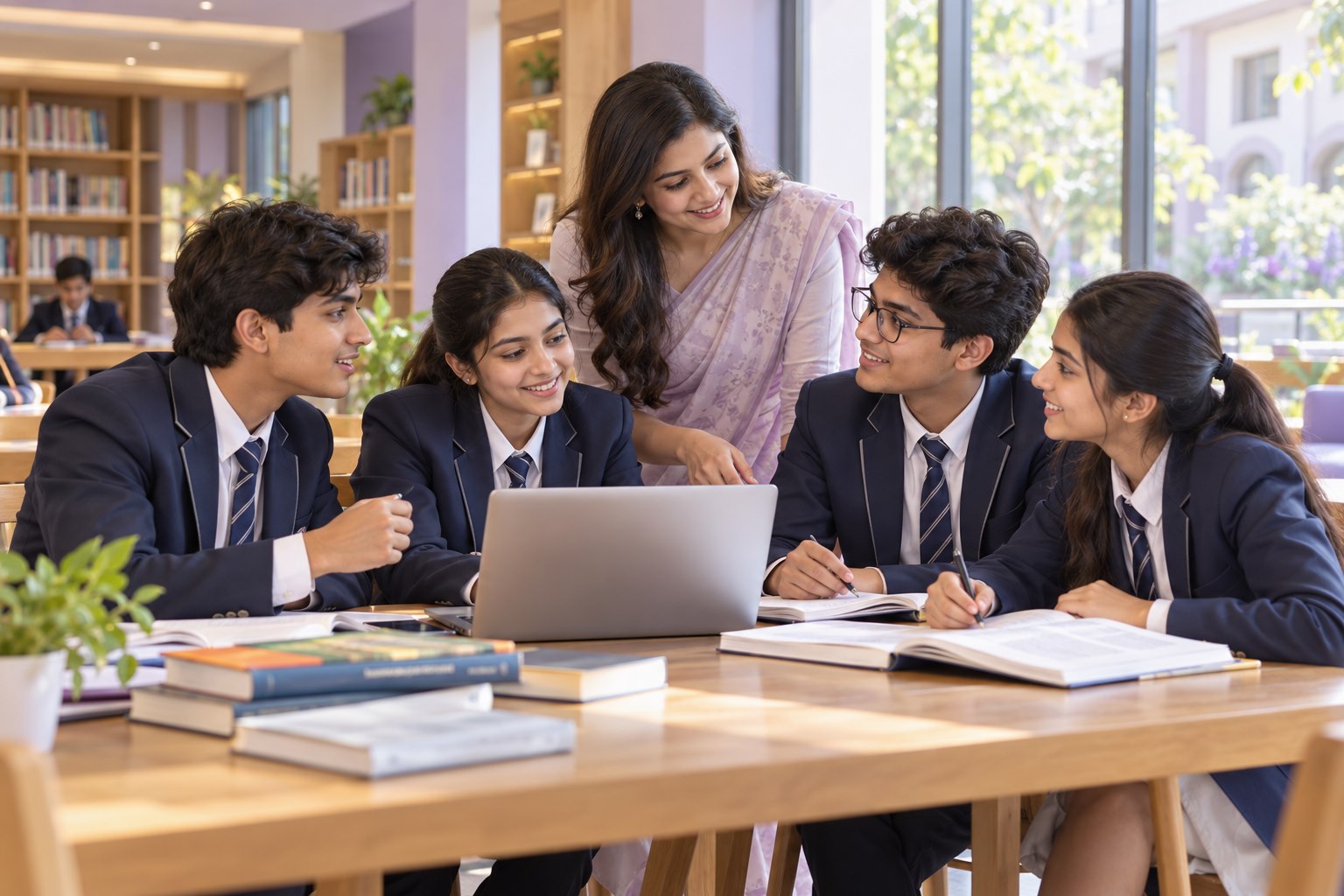 Illustrative Indian students collaborating with a teacher in a bright school library